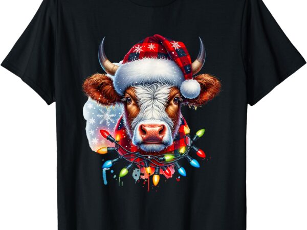 Christmas cow farmer santa hat red buffalo plaid xmas cows t-shirt