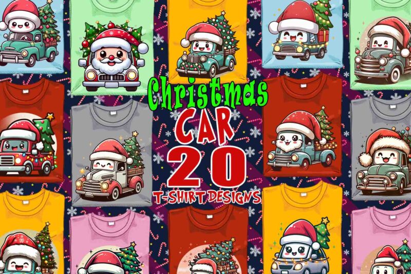 Retro Christmas Tree upon a Car t-shirt design bundle of 20 designs – download instantly Retro Vintage T-shirt