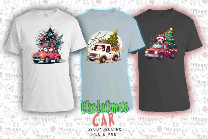 Colourful Christmas Tree upon a Car t-shirt design bundle of 20 designs – download instantly Retro Vintage T-shirt Illustration Clipart
