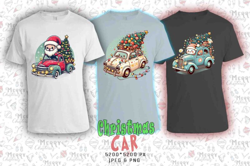 Colourful Christmas Tree upon a Car t-shirt design bundle of 20 designs – download instantly Retro Vintage T-shirt For Crafting