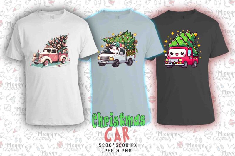 Trendy Christmas Tree upon a Car t-shirt design bundle of 20 png & jpeg designs Best for POD Trend