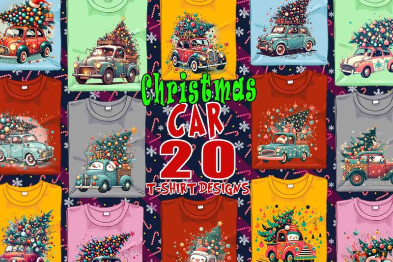 Popular Christmas Tree Delivery Car t-shirt design bundle of 20 designs – download instantly T-Shirt Design Bundle