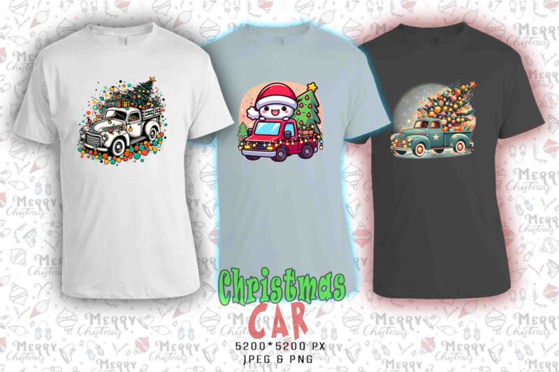 Trendy Christmas Tree upon a Car t-shirt design bundle of 20 png & jpeg designs Best for POD Trend