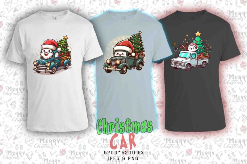 Colourful Christmas Tree upon a Car t-shirt design bundle of 20 designs – download instantly Retro Vintage T-shirt For Crafting