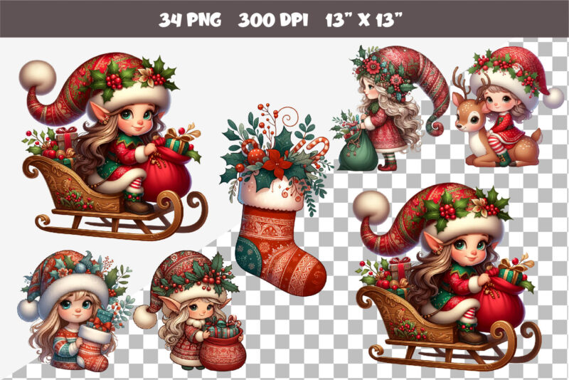 Cute Christmas elves. Clipart, PNG.