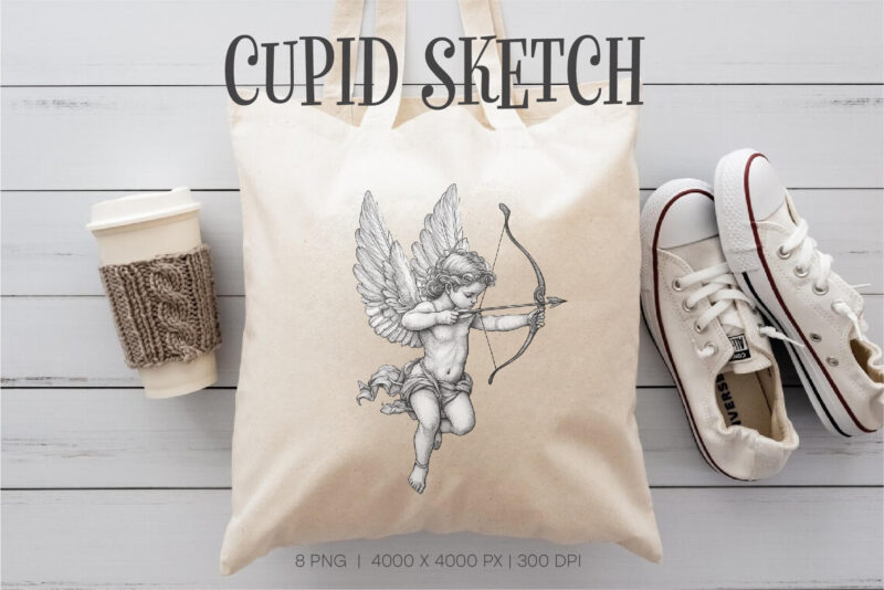 Cupid Sketch. Vintage Romantic clipart.