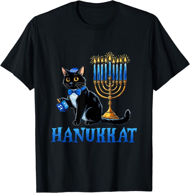 Cute Happy Hanukkah Hanukkat Jewish Cat Menorah Chanukah T-Shirt