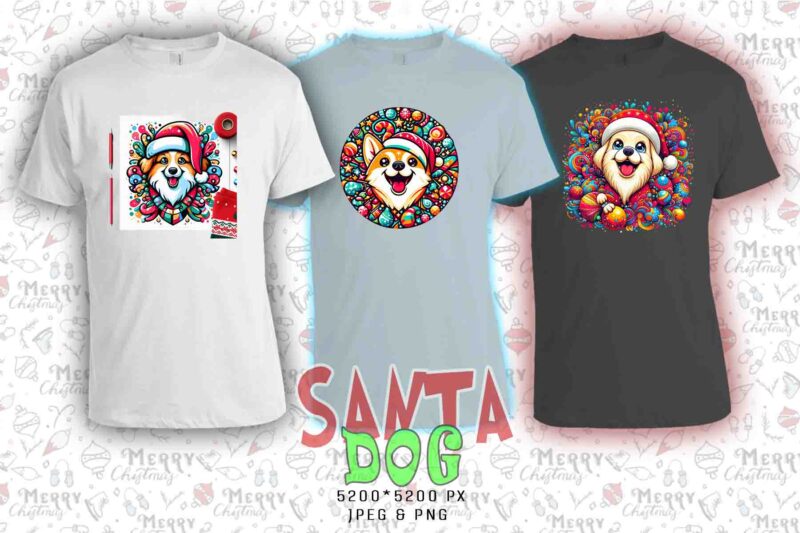 Colourful Christmas Dog Santa Claus t-shirt design bundle of 20 designs – download instantly Retro Vintage T-shirt Bundle