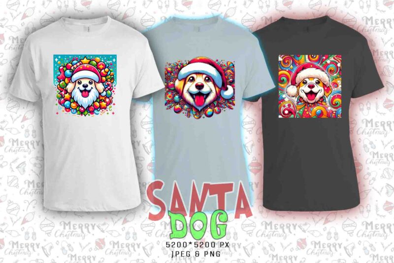 Trendy Christmas Dog Santa Claus t-shirt design bundle of 20 png & jpeg designs – download instantly Retro Vintage T-shirt Design Bundle
