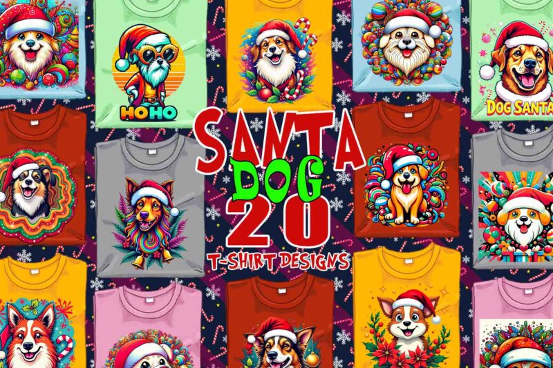 Colourful Christmas Dog Santa Claus t-shirt design bundle of 20 designs – download instantly Retro Vintage T-shirt Bundle
