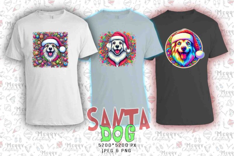Colourful Christmas Dog Santa Claus t-shirt design bundle of 20 designs – download instantly Retro Vintage T-shirt Bundle