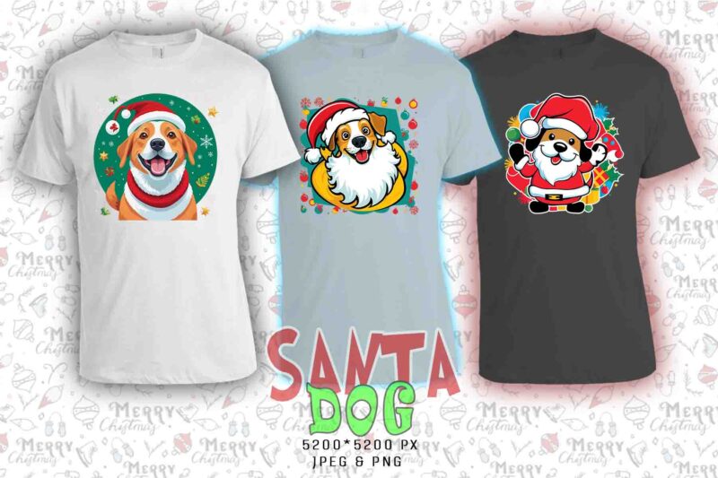 Colourful Christmas Dog Santa Claus t-shirt design bundle of 20 designs – download instantly Retro Vintage T-shirt Bundle