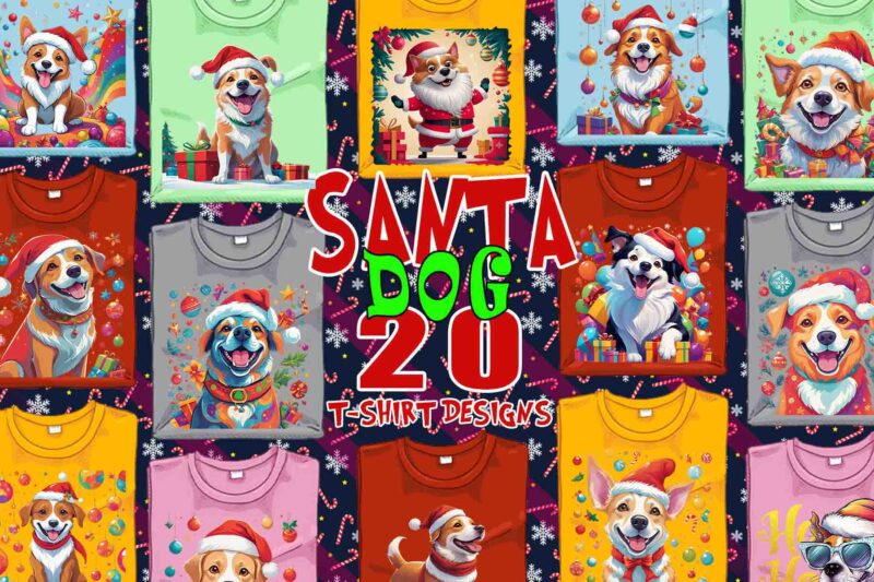 Best Selling Colourful Christmas Dog Santa Claus t-shirt design bundle
