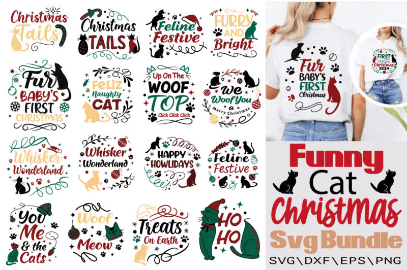 Funny Cat Christmas T-shirt Bundle Funny Cat Christmas Svg Bundle