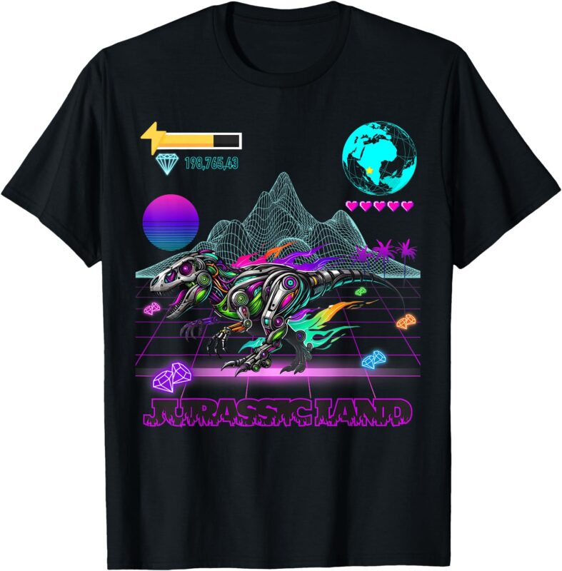 Image On Back Logo Front T-Rex Robot Dino Video Game Style T-Shirt
