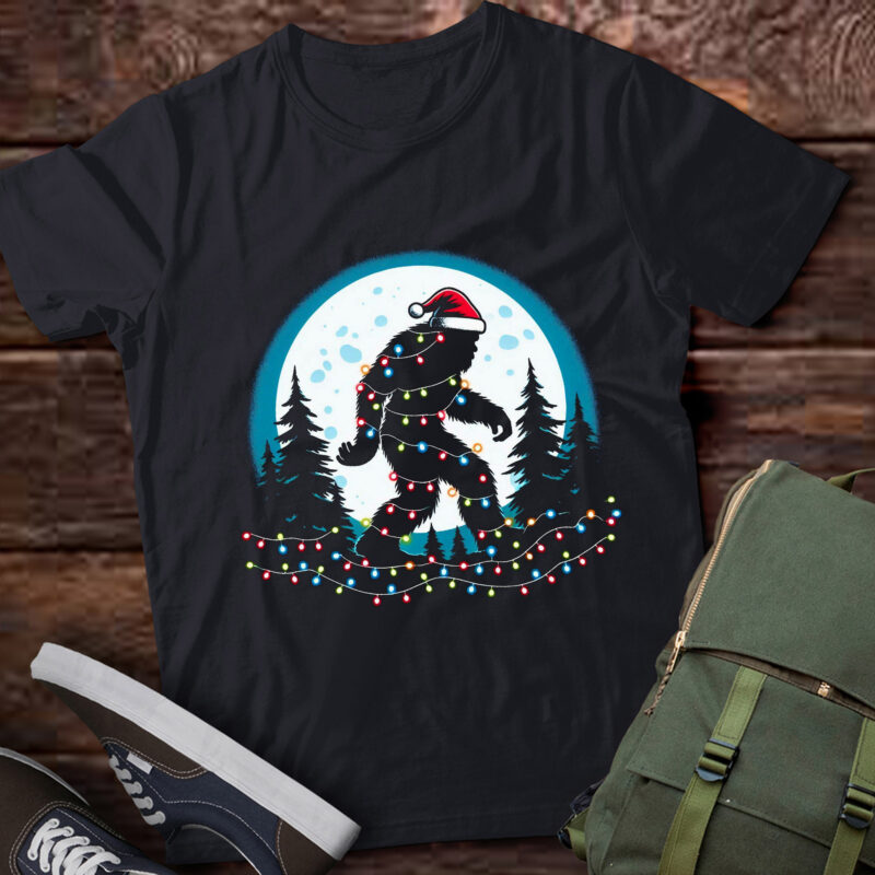 LT749-Bigfoot Santa Christmas Tree Lights Funny Xmas Sasquatch T-Shirt