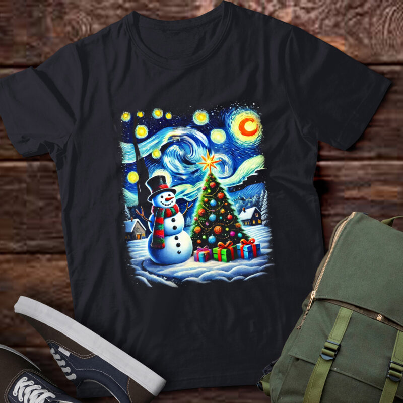 LT784-Van Gogh Starry Night Christmas Snowman Snowy Night Xmas T-Shirt