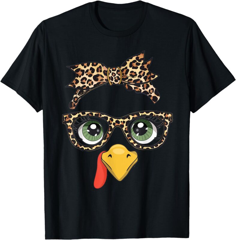 Leopard Print Thanksgiving Turkey Face Glasses Women Girls T-Shirt