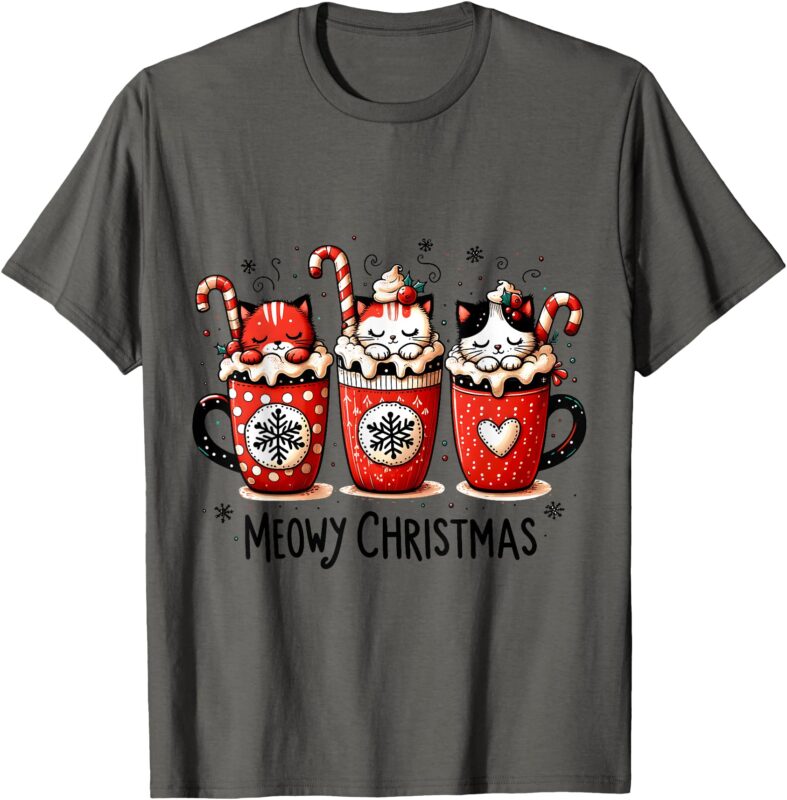 Meowy Christmas Cute Cats and Coffee Merry Xmas Graphic T-Shirt