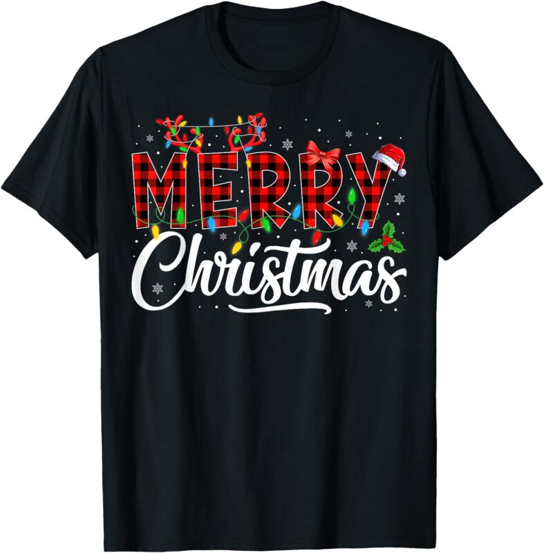 Merry Christmas Buffalo Plaid Red Santa Hat Pajama Men Women T-Shirt