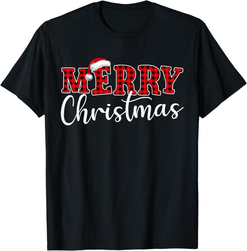 Merry Christmas Buffalo Plaid Red Santa Hat Xmas Pajamas T-Shirt