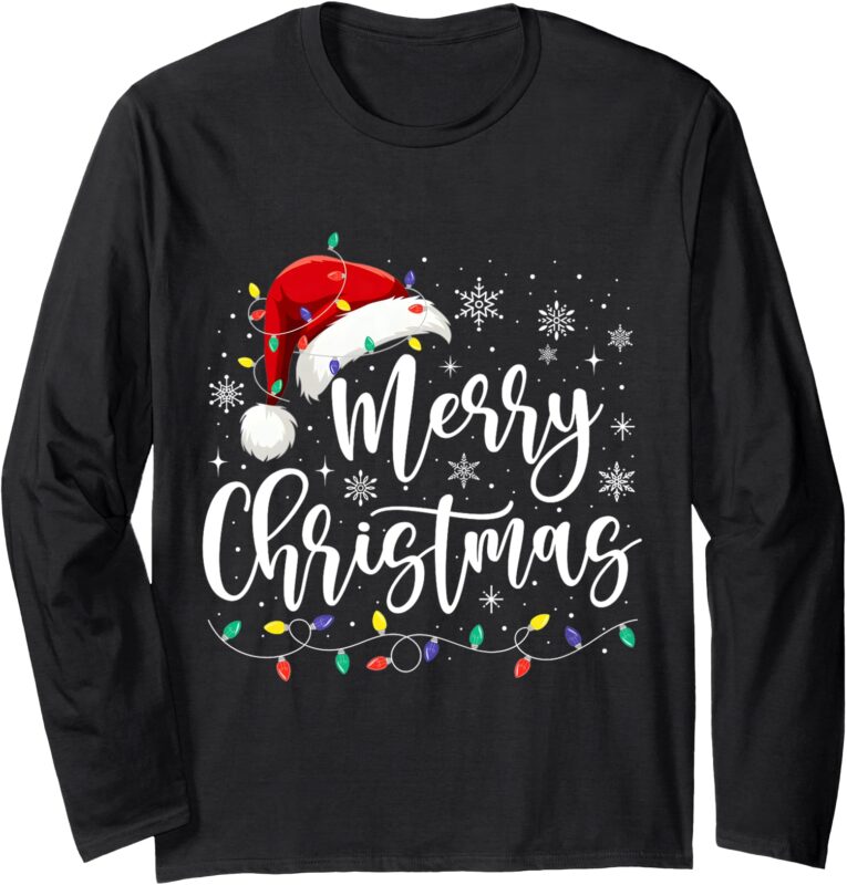 Merry Christmas Lights Red Santa Hat Xmas Family Men Women Long Sleeve T-Shirt