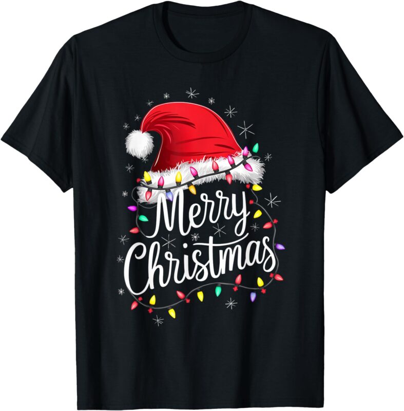 Merry Christmas Lights Red Santa Hat Xmas Family Men Women T-Shirt