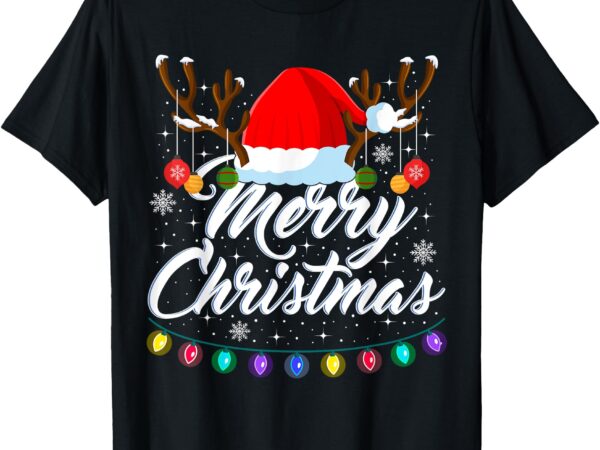 Merry christmas red santa hat reindeer xmas matching family t-shirt