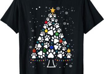 Paw Print Christmas Tree Lights Matching Family Xmas T-Shirt