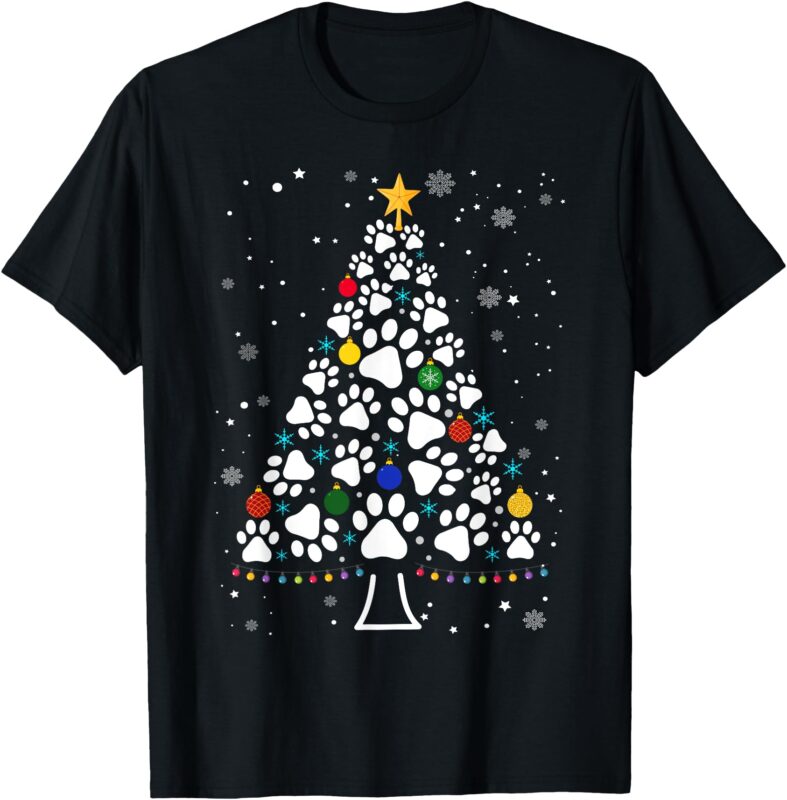 Paw Print Christmas Tree Lights Matching Family Xmas T-Shirt
