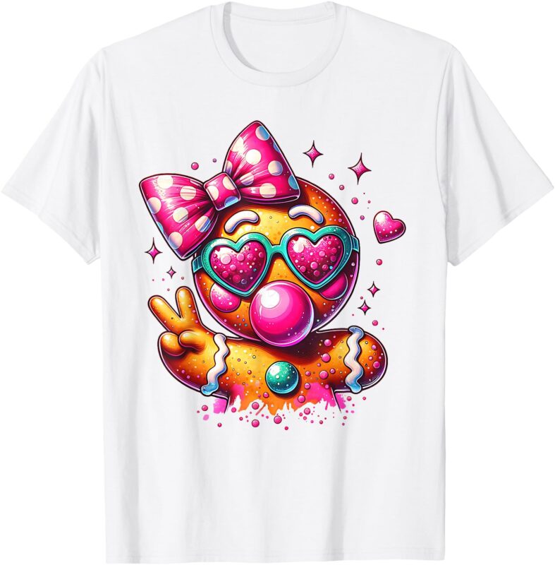 Pink Gingerbread Girl With Sunglasses Blowing Bubble Xmas T-Shirt