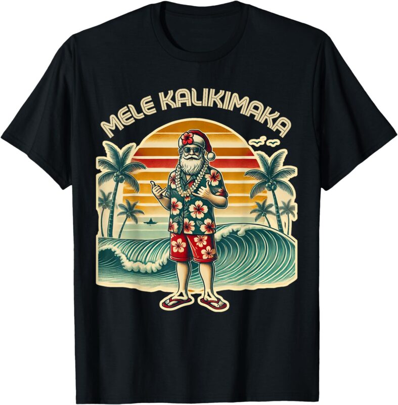 Retro Christmas Surf, Mele Kalikimaka Santa Shaka Hawaii T-Shirt