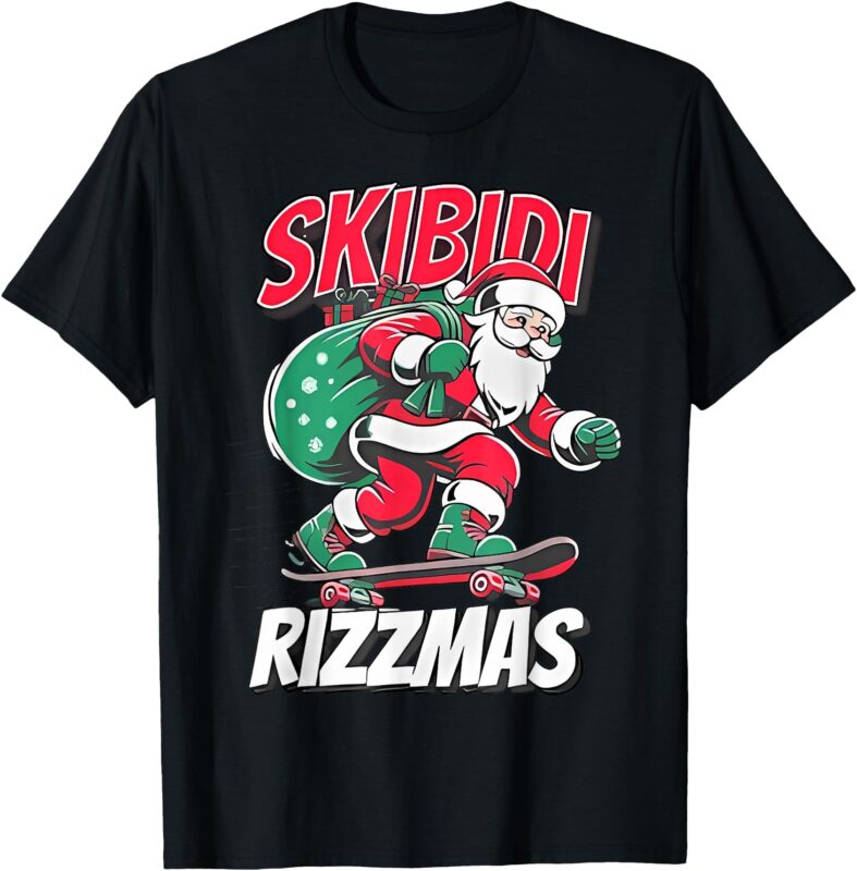 Retro Skibidi Rizzmas Funny Santa Clause Skating Board Xmas T-Shirt