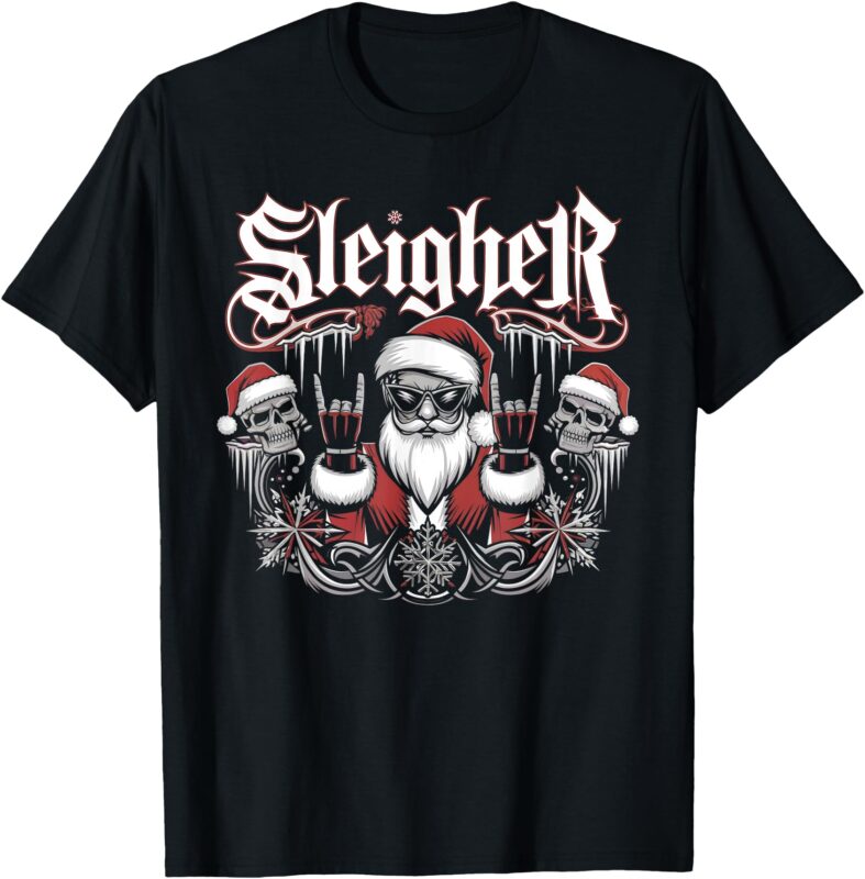 Sleigher Skull Santa Rock n’ Roll Christmas Metal T-Shirt