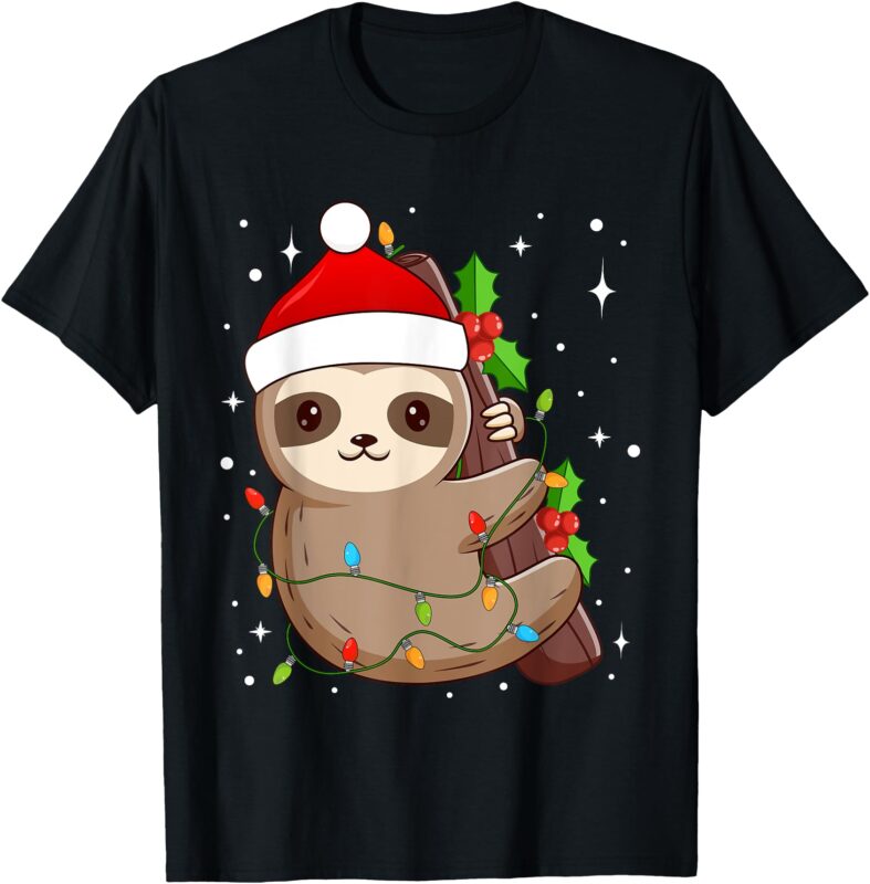 Sloth Santa Hat Lights Christmas Cute Slothmas Xmas Pajama T-Shirt