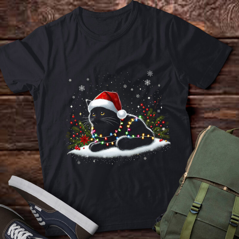 TA76-Black Cat Christmas Santa Hat Funny Meowy Cats Women Men T-Shirt