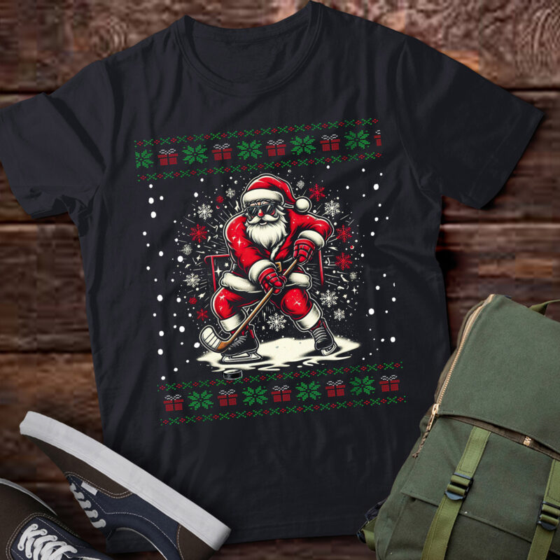 TA82-Santa Claus Playing Hockey Ugly Christmas T-Shirt