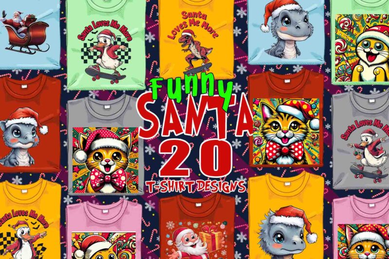 Popular Christmas Animal Santa Claus t-shirt design bundle of 20 designs – download instantly T-Shirt Design for Successful POD Business