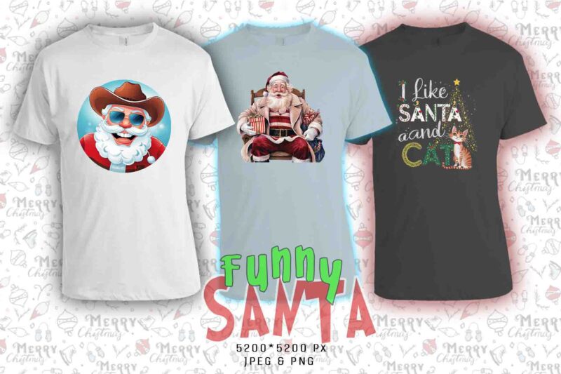 Funny Christmas Santa Claus t-shirt design bundle of 20 designs – download instantly Retro Vintage Illustration T-shirt Clipart Bundle