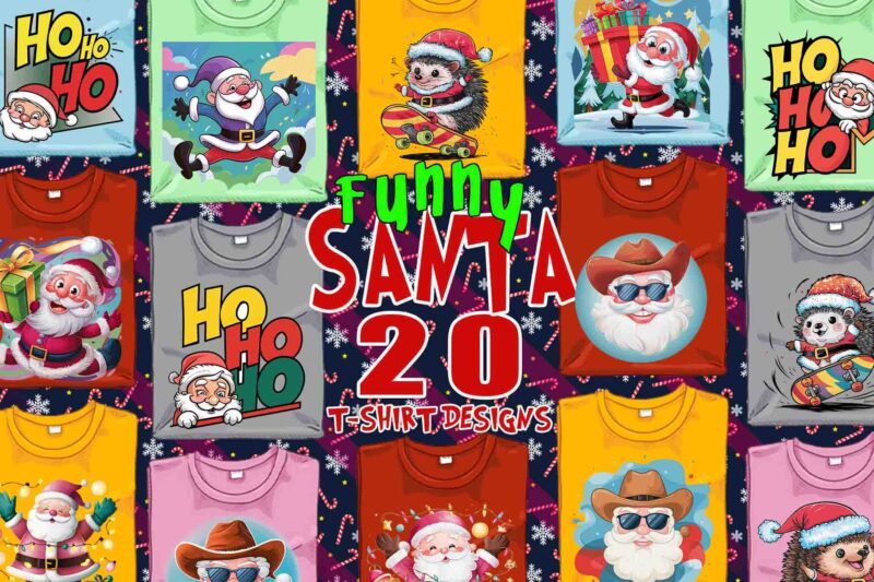 Funny Christmas Santa Claus t-shirt design bundle of 20 designs – download instantly Retro Vintage Illustration T-shirt Clipart Bundle
