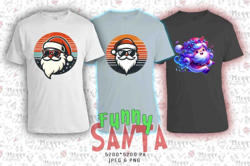 Funny Christmas Santa Claus t-shirt design bundle of 20 designs – download instantly Retro Vintage Illustration T-shirt Clipart Bundle