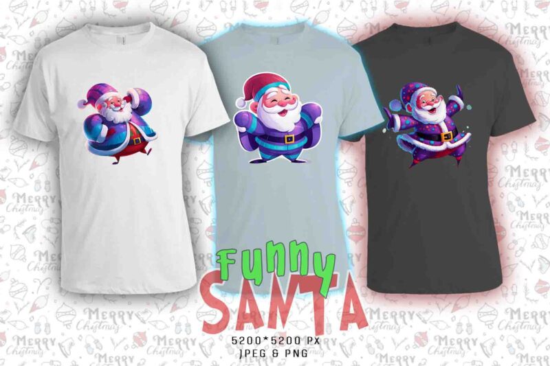 Funny Christmas Santa Claus t-shirt design bundle of 20 designs – download instantly Retro Vintage Illustration T-shirt Clipart Bundle