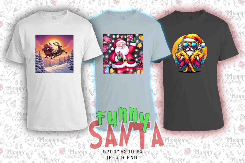 Trendy Funny Christmas Santa Claus t-shirt design bundle of 20 designs – download instantly Retro Vintage Tee Illustration