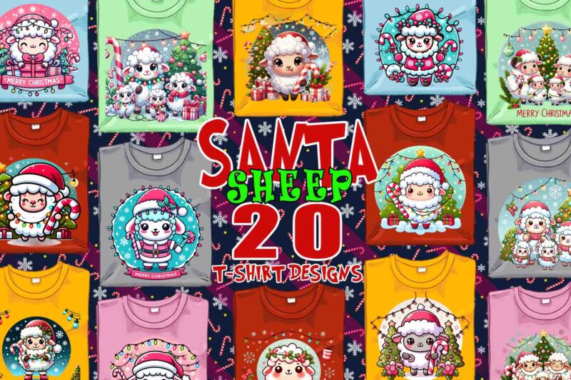 Colourful Christmas Sheep Santa Claus t-shirt design bundle of 20 designs – download instantly Retro Vintage T-shirt Design Bundle