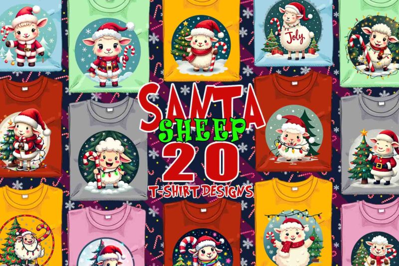 Colourful Christmas Sheep Santa Claus t-shirt design bundle of 20 designs – download instantly Retro Vintage T-shirt Bundle
