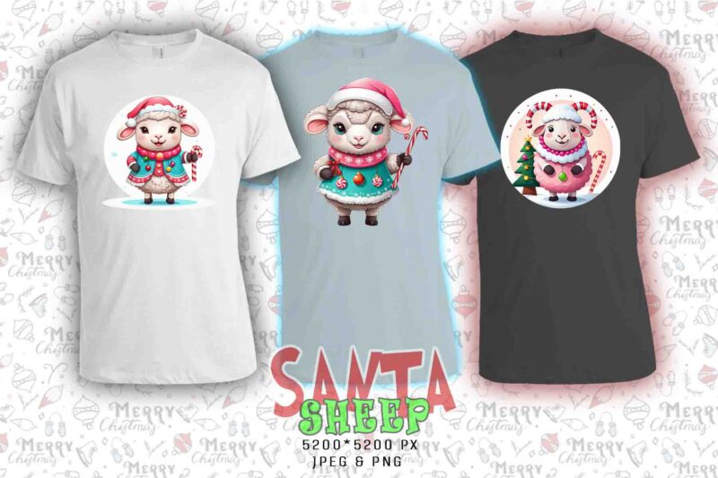 Trendy Christmas Sheep Santa Claus t-shirt design bundle of 20 png & jpeg designs – download instantly Retro Vintage T-shirt Design Bundle