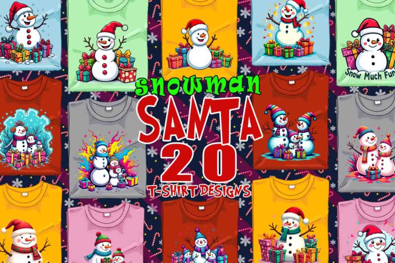 Funny Christmas Snowman Santa Claus t-shirt design bundle of 20 designs – download instantly Retro Vintage Illustration