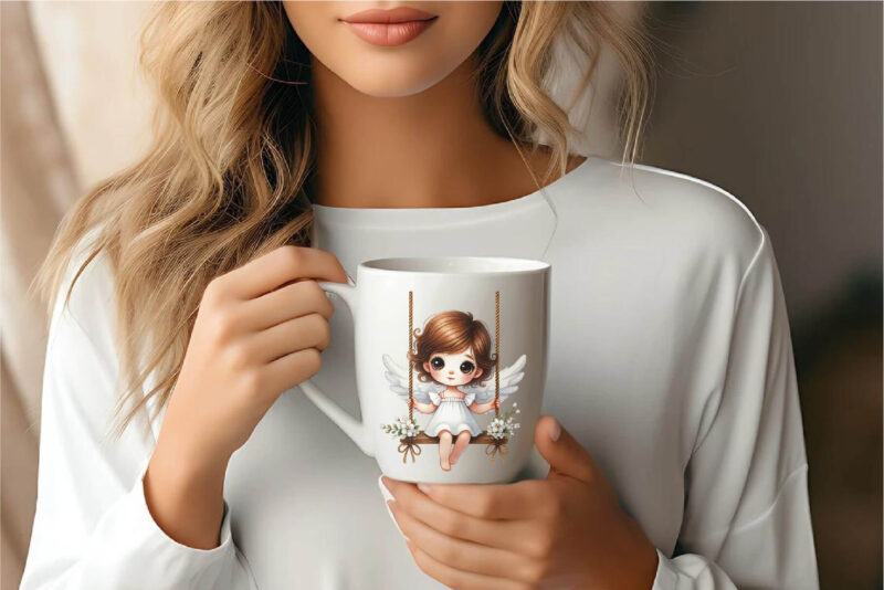 Cute Angel on Swing. Clipart, PNG.