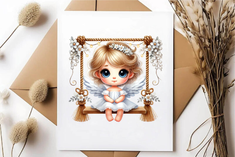 Cute Angel on Swing. Clipart, PNG.