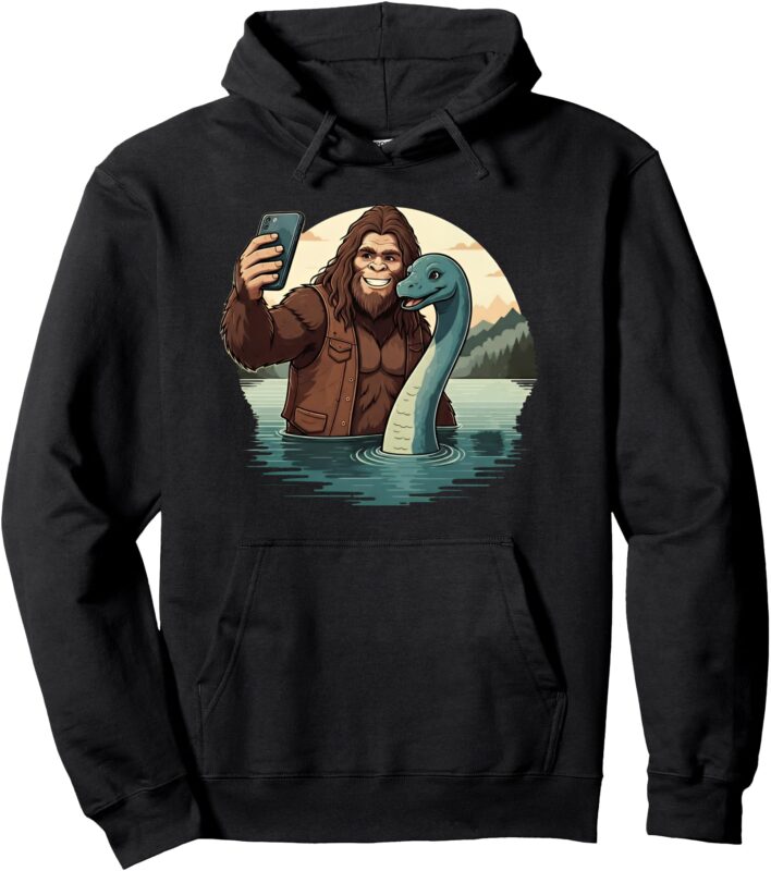 Bigfoot Loch Ness Lake Monster Selfie Funny Sasquatch Nessie Pullover Hoodie